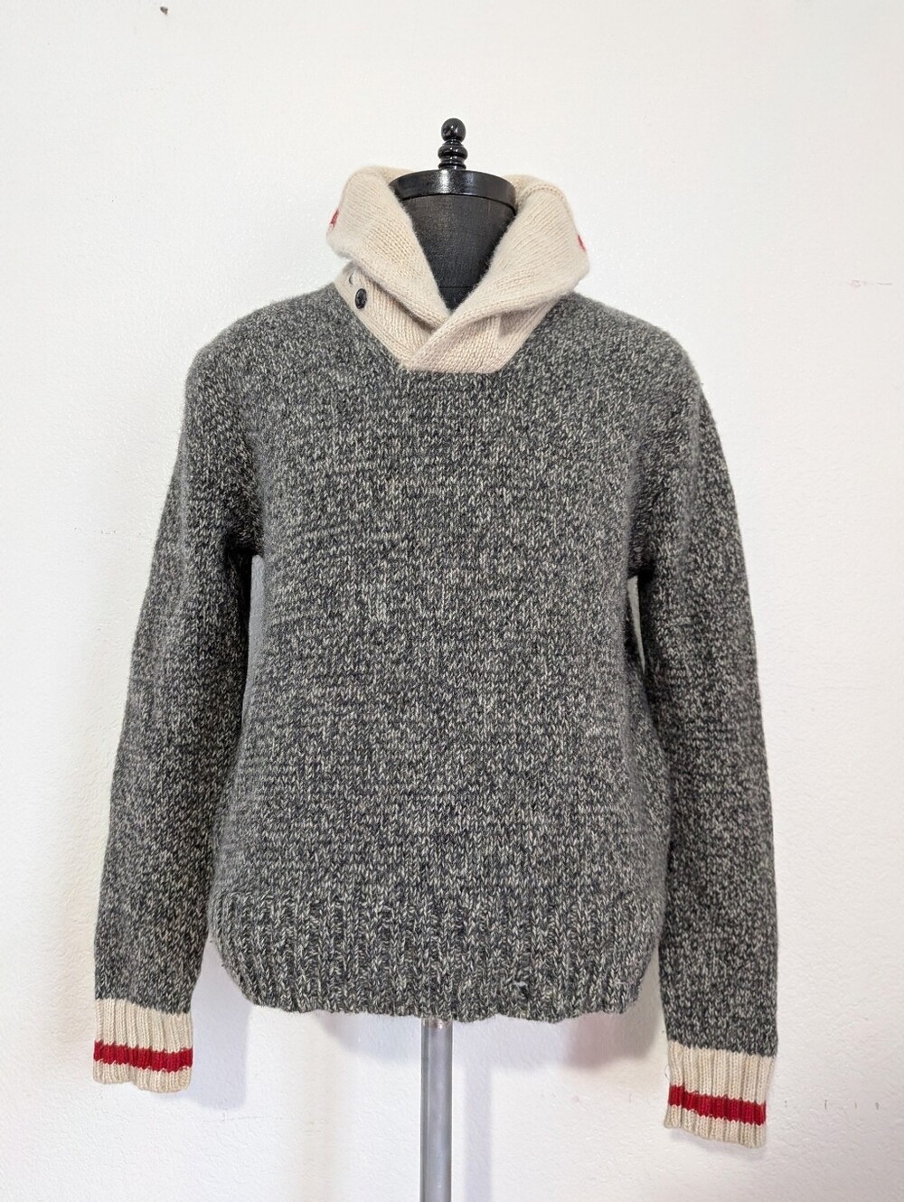 Ralph Lauren Gray Marled Turtleneck Md Sweater W/Cream Hood and Red Stripe Cuffs